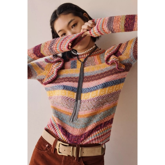 Anthropologie Pilcro Ruffle Multicolor Lalala Sweater Size Small - Picture 2 of 12